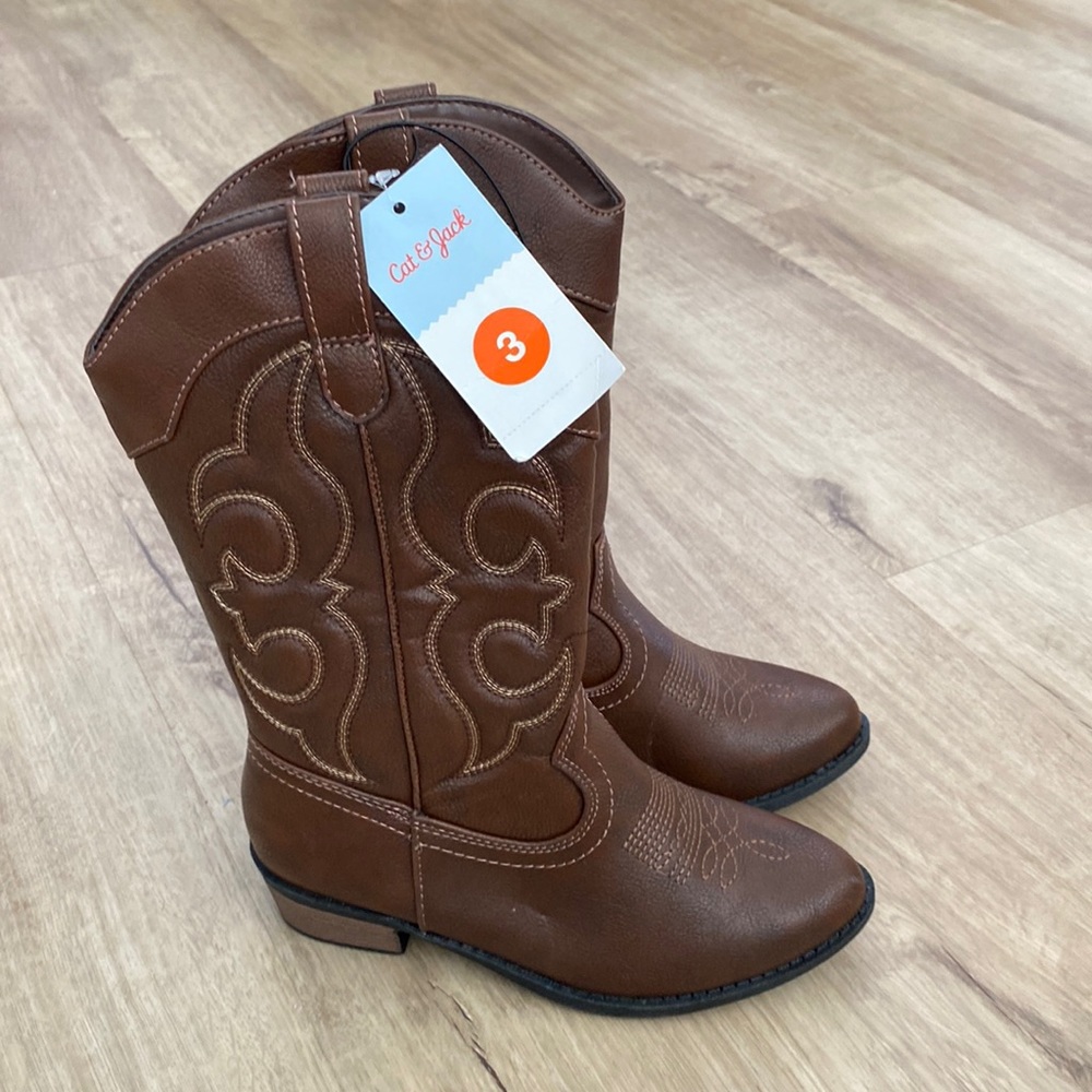 LIKE NEW Boys Cat & Jack Brown Montana Cowboy Boots w/Zipper Kids Youth Size 3